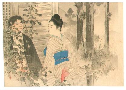 水野年方: Shinobi Oto- A couple is sitting in a garden in the evening - Japanese Art Open Database