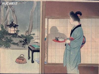 Mizuno Toshikata: Wife making tea - Japanese Art Open Database