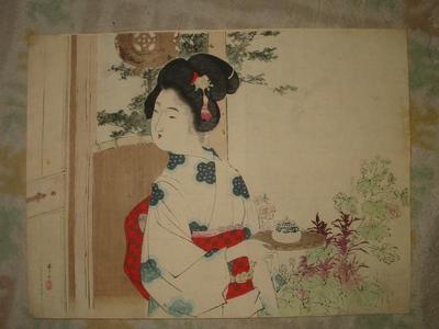 Mizuno Toshikata: Woman Carrying Tea Tray - Japanese Art Open Database