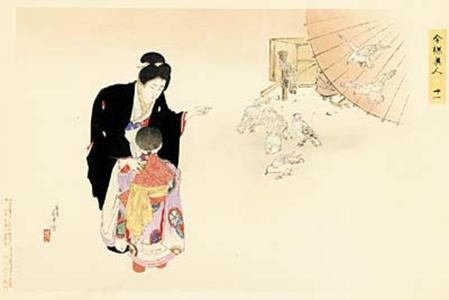 Mizuno Toshikata: 11- A lady shows a little girl a flock of pigeons - Japanese Art Open Database