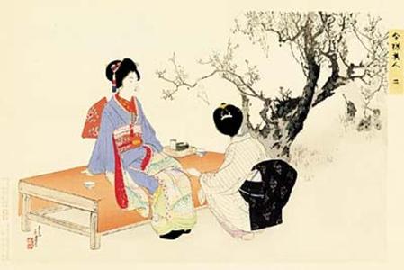 Mizuno Toshikata: 2- Two ladies drinking their tea under a blooming plum tree - Japanese Art Open Database