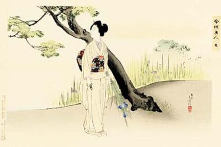 Mizuno Toshikata: 5- A lady in a park is cutting flowers - Japanese Art Open Database