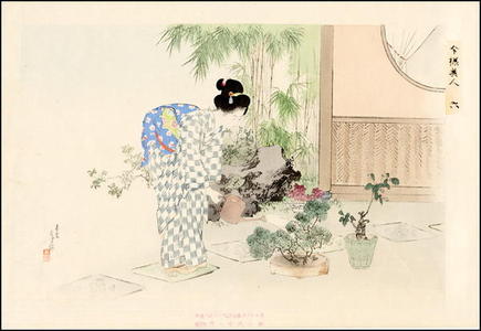 Mizuno Toshikata: Watering plants - Japanese Art Open Database