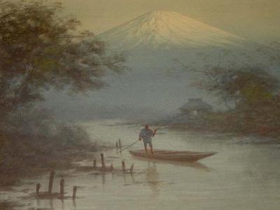 Tosuke S: Boatman on stream near Mt Fuji - Japanese Art Open Database