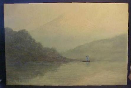 Tosuke S: Mistly lake and sailboat near Mt Fuji - Japanese Art Open Database