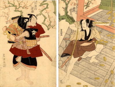 Utagawa Toyokuni I: Diptych- Kabuki scene on a Temple steps - Japanese Art Open Database