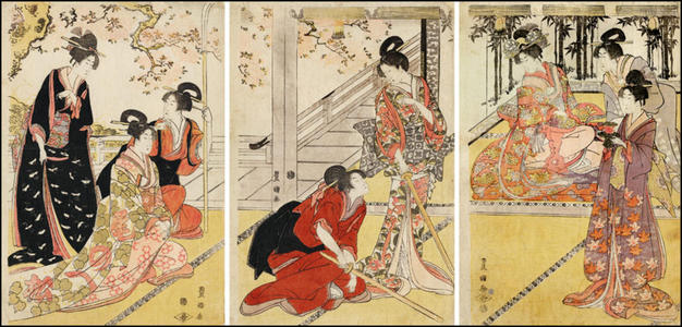 Utagawa Toyokuni I: Two bijin performing a mitate of a sword fight watched by ladies of the upper class - Japanese Art Open Database