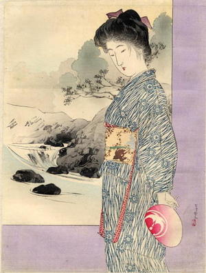 Tsutsui Toshimine: Bijin and river - Japanese Art Open Database