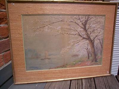 Watanabe Torajiro: Cherry trees beside river with boats - Japanese Art Open Database