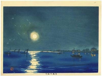 Yamada Basuke: Evening moon over Shinagawa - Japanese Art Open Database