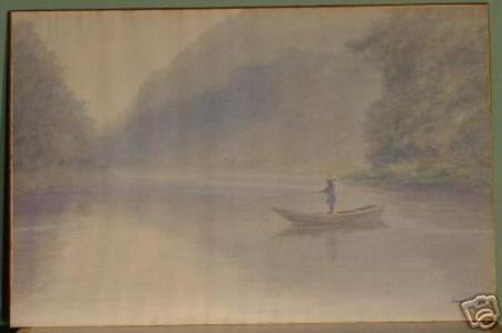 Yamanoi: Boat with fisherman on river - Japanese Art Open Database