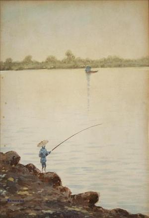Yamanoi: Fisherman by river - Japanese Art Open Database