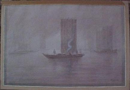 Yokouchi: Boats in misty harbor or river - Japanese Art Open Database