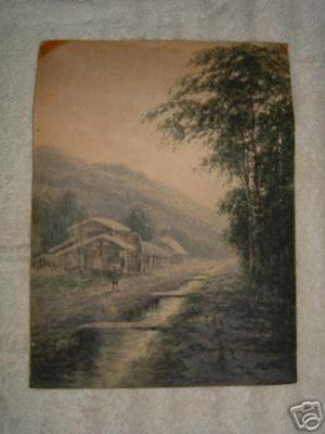 Yokouchi G: Misty village scene with stream - Japanese Art Open Database