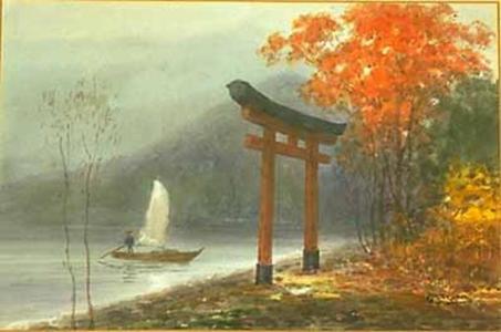 Yokouchi G: Nikko Lake Chuzenji with sailbaot - Japanese Art Open Database