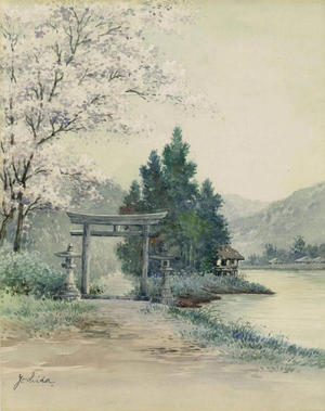 Japanese Print "Torii Entrance by Stream in Spring" by Yoshida