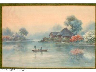 Japanese Print "Boat on misty river" by Yoshida A (watercolour)