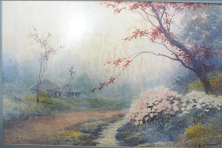 Yoshida A: Cottage by Stream with Autumn Flowers - Japanese Art Open Database