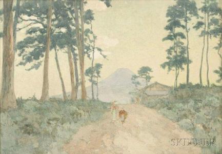 吉田博: Farmhouse and figures on a tree-lined path overlooking Mt. Fuji - Japanese Art Open Database
