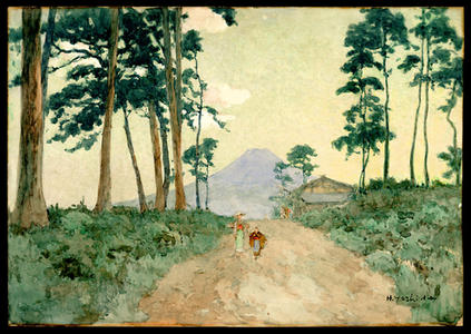 吉田博: Farmhouse and figures on a tree-lined path overlooking Mt. Fuji - Japanese Art Open Database