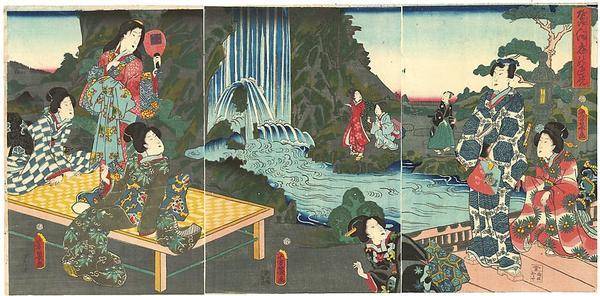 Ochiai Yoshiiku: Genji and women in a garden with a waterfall - Japanese Art Open Database