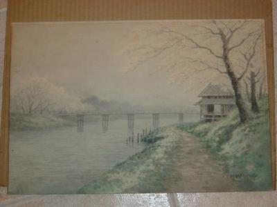 Yoshimoto H: View of river and bridge in spring - Japanese Art Open Database
