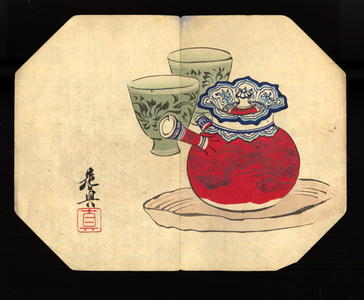 Shibata Zeshin: Comic print old men at a Tokaido tea-house- Fan print - Japanese Art Open Database