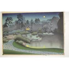 大野麦風: Moonlit garden viewed from behind the shadows of trees - Japanese Art Open Database