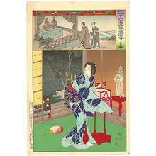 Toyohara Chikanobu: Woman with a lamp before a statue - Japanese Art Open Database