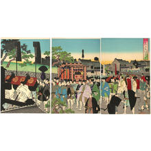 Toyohara Chikanobu: A procession of a feudal lord visiting the temple at Ueno — 旧諸侯上野初御仏参之 - Japanese Art Open Database