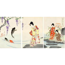 豊原周延: Carp jumping out of the pond under wisteria tree - Japanese Art Open Database