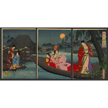 豊原周延: An Heian Courtier and Court Lady boating in the moonlight - Japanese Art Open Database