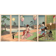 豊原周延: An ensemble of three musical instruments in the moonlight - Japanese Art Open Database