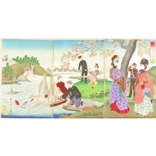 Toyohara Chikanobu: Boys floating boats on a pond — 男児池上小舟を浮む - Japanese Art Open Database