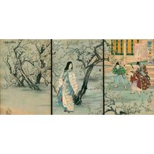 豊原周延: Fujiwara Toshinaris wife viewing plum blossoms - Japanese Art Open Database