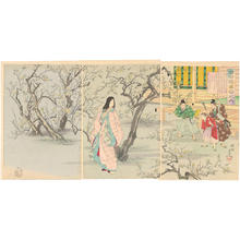 Toyohara Chikanobu: Fujiwara Toshinaris wife viewing plum blossoms - Japanese Art Open Database