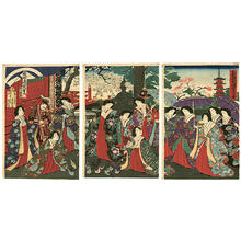 豊原周延: Meiji Emperor Empress and their consorts are visiting the Kinryuzan Temple at Asakusa - Japanese Art Open Database