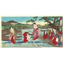 Toyohara Chikanobu, 豊原周延 (Chikanobu Yoshu (1838-1912) Toyohara (楊洲周延))创作的日本版画《The Emperor and Empress watching court ladies trying to catch fish》