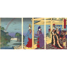 豊原周延: The Meiji emperor shown outdoors surrounded by a party of court ladies - Japanese Art Open Database