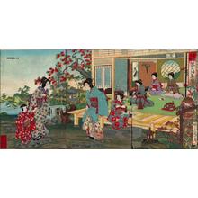 豊原周延: Unknown- bijin child flowers garden pond lantern - Japanese Art Open Database