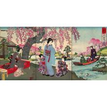Toyohara Chikanobu: Unknown- bijin child garden pond boat cherry spring flower bird - Japanese Art Open Database