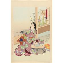 Toyohara Chikanobu: Flower- A beauty making a fan - Japanese Art Open Database