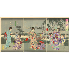 Toyohara Chikanobu: Summer- Women and children catching fireflies - Japanese Art Open Database