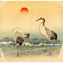 尾形月耕: Fan Print: Kacho: Two Cranes - Japanese Art Open Database