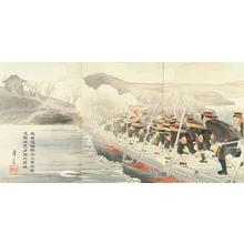 Getsuzoによる浮世絵「Crossing a river — 我軍渡鴨緑江上架橋撃追敵兵 竟占領九連城」