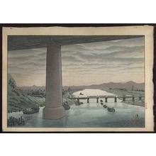 Gihachiro Okuyama: View of under the Ichikawa bridge from Edogawa — 江戸川堤から市川橋下を見る - Japanese Art Open Database