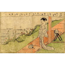 Suzuki Harunobu, 鈴木春信 (Harunobu, Suzuki (鈴木春信))创作的日本版画《A courtesan wearing a bathing robe, stands on the engawa of a house》