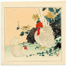 長町竹石: A Rooser and Hen in a Garden - Japanese Art Open Database