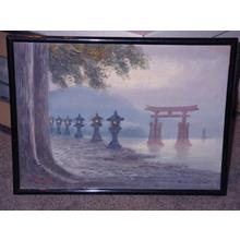 Japanischer Druck "Miyajima in mist with lanterns" von Yoshida Hiroshi, 吉田博 (Hiroshi)