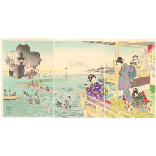 Hokyoun: Women on a balcony viewing Mt Fuji and people digging clams - Japanese Art Open Database